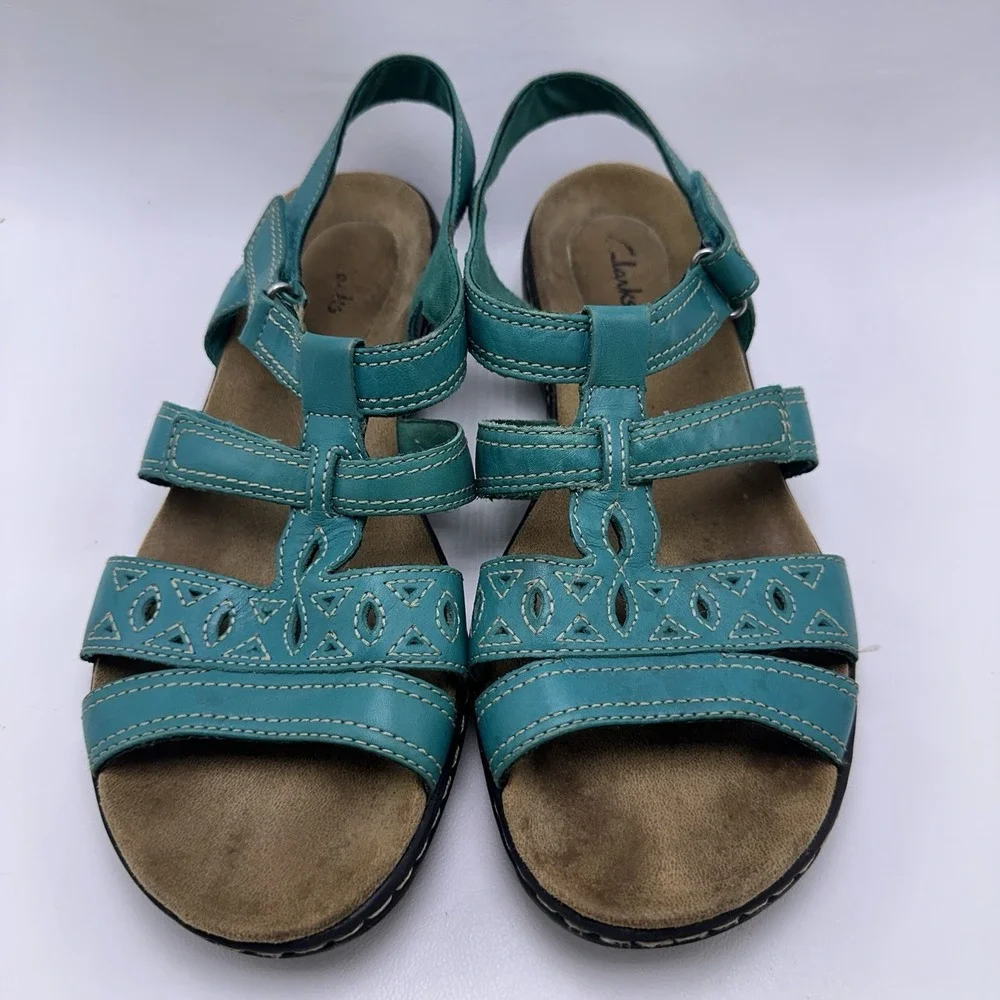 Clarks Leather Multi Strap Sandals Leisa Apple Teal Blue Size 10 Wide Shoes